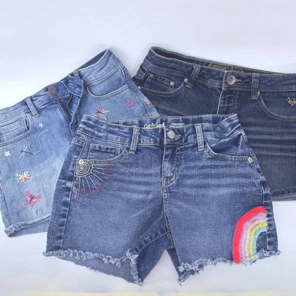 Gap Cat & Jack Justice Denim Shorts Bundle Kids 10-12 Blue SUMMER Embroidered
